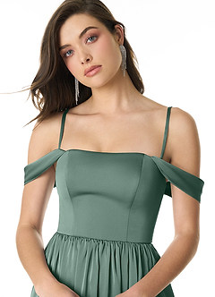 Azazie Morana Bridesmaid Dresses Eucalyptus A-Line Off the Shoulder Stretch Satin Convertible Dress image6
