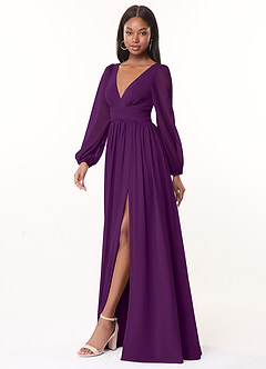 Azazie Norah Bridesmaid Dresses Grape A-Line V-Neck Long Sleeve Chiffon Dress image4