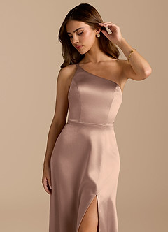 Azazie Trina Brautjungfernkleider A-Linie One-Shoulder Metallischer Satin Kleid Taupe image7