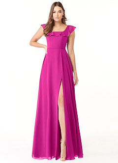 Azazie Jinny Brautjungfernkleider A-Linie Quadratischer Ausschnitt Gerüscht Chiffon Kleid Fuchsia image2