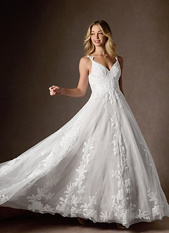 Azazie Delaina Wedding Dresses Diamond White A-Line V-Neck Sequins Tulle Dress image8