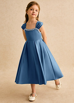 Azazie Yosemite 플라워 걸 드레스 볼가운 스윗하트 네크라인 매트 새틴 티 길이 드레스 image6