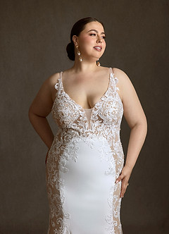 Azazie Estephanie At-home Try On Dresses Diamond White Nude Mermaid Sequins Stretch Crepe Dress image13