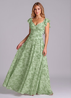 Azazie Leilani Vestidos de damas de honor Vestido de Floral Helecho Verde de Gasa de Corte en A con Plisado image1