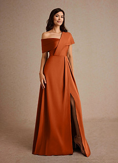 Azazie Milton Vestidos para mãe da noiva Vestido Laranja Queimada de Cetim elástico de Linha A com Plissado image8