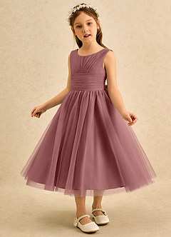 Azazie Macaron Robe Demoiselle D'honneur Fillette Robe Trapèze en Tulle Plissée Rose Du Désert image4