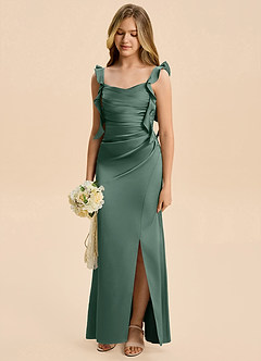 Azazie Jessamine Junior Eucalyptus A-Line Ruched Stretch Satin Dress image6