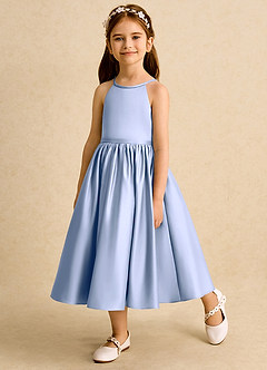 Azazie Indi Flower Girl Dresses Ice A-Line Bow Matte Satin Dress image3