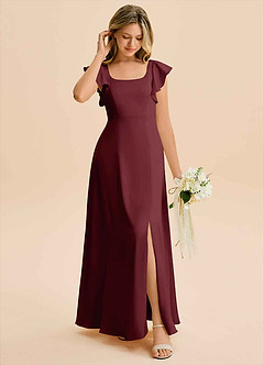 Azazie Bondi Junior Cabernet A-Line Side Slit Stretch Satin Dress image3