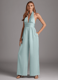 Azazie Oli Bridesmaid Dresses Mist Pleated Stretch Satin Jumpsuit image1