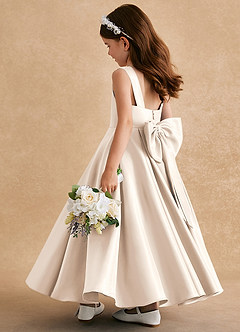 Azazie Honey Bear Flower Girl Dresses White Alabaster A-Line Pleated Matte Satin Dress image4