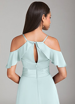 Azazie Dakota Bridesmaid Dresses Sea Glass A-Line Off the Shoulder Stretch Satin Dress image6