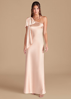 Azazie Capri Bridesmaid Dresses Rose Gold Sheath One Shoulder Metallic Satin Dress image3