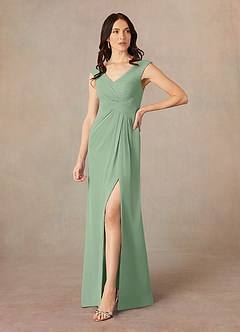 Azazie Sally Kleider für die Brautmutter A-Linie V-Hals Gefaltet Chiffon Kleid Matcha image2
