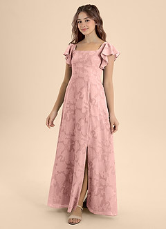 Azazie Bondi Junior Powder Pink A-Line Bow Floral Burnout Dress image1