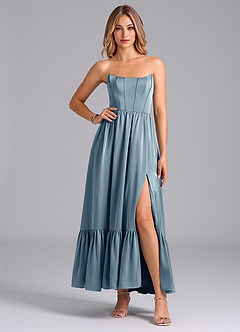 Azazie Leilana Robes de demoiselle d'honneur Robe Trapèze en Satin extensible Corset Bleu Poussiéreux image4