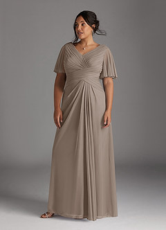 Azazie Emmeline Mère de la mariée Robes Robe Trapèze en Maille Col V plissé Taupe image1