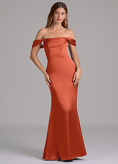 Azazie Miley Abiti da Damigella Abito Convertibile Sirena in Raso Elasticizzato a Spalla Scoperta Ruggine image3