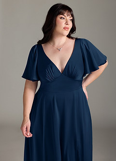 Azazie Kimber Brudtärnklänningar Klänning av A-Line i Stretch Satin Ruched Mörk Marinblå image11