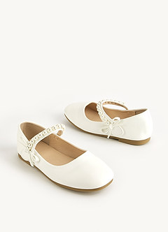 front Pearl Strap and Bow Girls Flat Shoes