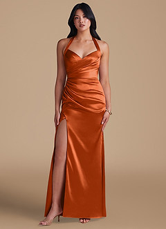 Azazie Emeria Bridesmaid Dresses Burnt Orange Sheath Side Slit Metallic Satin Dress image5