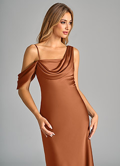Azazie Celina Bridesmaid Dresses Copper Sheath Off the Shoulder Stretch Satin Dress image7