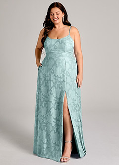 Azazie Moira Bridesmaid Dresses Mist A-Line Side Slit Floral Burnout Dress image10