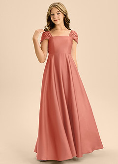 Azazie Rowena Junior Salmon Pink A-Line Bow Stretch Satin Dress image4