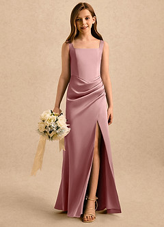 Azazie Noah Girls Formal Flower Girl Dresses Dusty Rose Sheath Pleated Stretch Satin Dress image4