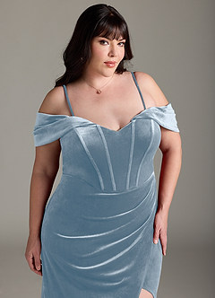 Azazie Jas Bridesmaid Dresses Dusty Blue Sheath Off-The-Shoulder Corset Velvet Convertible Dress image18