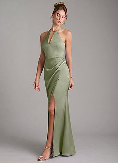 Azazie Aidyn Vestidos de damas de honor Vestido Pistacho de Satén Elástico de Corte Recto con Plisado image4