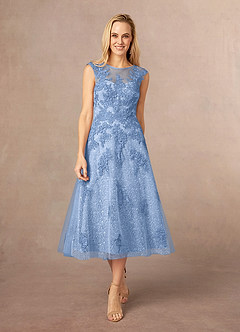 Azazie Flynn Steel Blue A-Line Boatneck Lace Tulle Dress Ready to