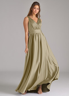 Azazie Kora Robes de demoiselle d'honneur Robe Trapèze en Satin extensible Plissée Vert Mousse image4