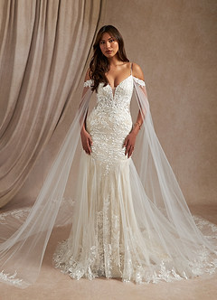 Azazie Leonie Wedding Dresses Diamond White Champagne Mermaid V-Neck Sequins Tulle Dress image13