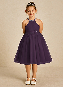 Azazie Honey vestidos de niña de las flores Vestido de Ciruela de Satin Mate de Corte En A con Perla image1