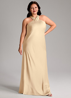 Azazie Doretta Bridesmaid Dresses Champagne Mermaid Pleated Stretch Satin Dress image9