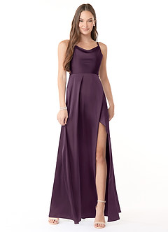 Azazie Naomie Bridesmaid Dresses Plum A-Line Cowl Neckline Side Slit Stretch Satin Dress image1