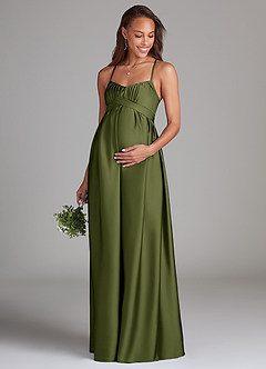 Azazie Llana Maternity Bridesmaid Dresses A-Line Stretch Satin Floor-Length Dress with Pockets image1