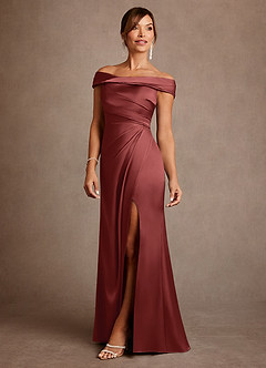 Azazie Bedford Mère de la mariée Robes Robe Fourreau en Satin extensible Plissé Terracotta image2