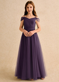 Azazie Yuna Girls Formal vestidos de niña de las flores Vestido de Ciruela de Tul de Corte en A con Vestidos sin tirantes image4