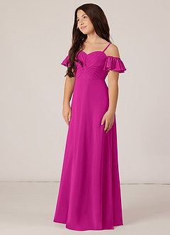 Azazie Juna Junior Robe Trapèze en Mousseline de soie Épaule décolletée Fuchsia image2