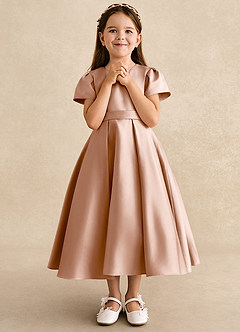 Azazie Princess Flower Girl Dresses Champagne Rose A-Line Pleated Matte Satin Dress image4