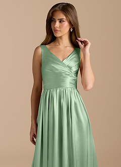 Azazie Keyla Bridesmaid Dresses Matcha A-Line Pleated Metallic Satin Dress image8