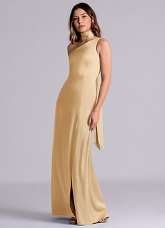Azazie Philana Bridesmaid Dresses Gold A-Line One Shoulder Stretch Satin Dress image6
