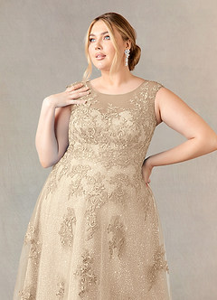 Azazie Flynn Mère de la mariée Robes Robe Trapèze en Tulle Col bateau dentelle Champagne image10
