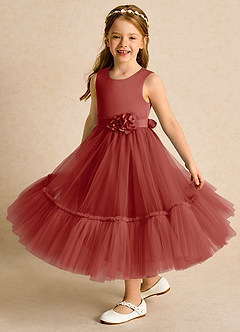 Azazie Miracle Flower Girl Dresses Terracotta A-Line Bow Matte Satin Dress image4