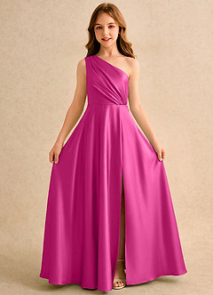 Azazie Puddles Girls Formal Abiti da Ragazza di Fiori Abito A-Line in Raso Elasticizzato Monospalla Fucsia image5