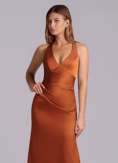 Azazie Amelie Bridesmaid Dresses Cinnamon A-Line Pleated Stretch Satin Dress image6