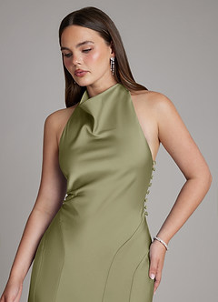 Azazie Sahara Final Sale Agave A-Line Pleated Stretch Satin Dress image7