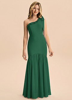 Azazie Yana Junior Vestido Verde Oscuro de Gasa de Corte Recto con Lazo image3